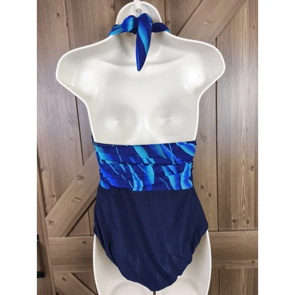 Vintage 90s Halter‎ One Piece Swimsuit Blue Ruched Waist Size 14